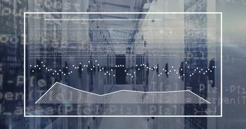 Animation of graphs in rectangle and computer language over server room Stock Footage 330288157