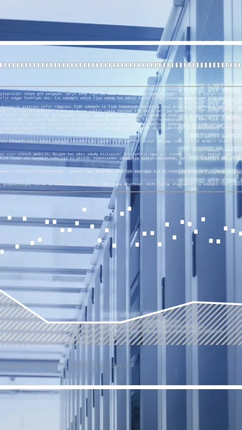 Animation of graphs in rectangle and lens flares over server room Stock Footage 344370147