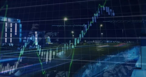 Animation of graphs, soundwaves, computer language over time-lapse of cars Stock Footage 327124758