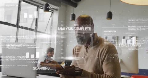 Animation of graphs, texts, computer language over african american man working Stock Footage 328601116