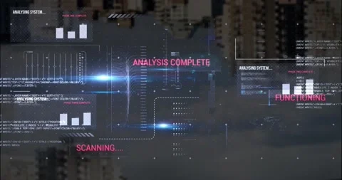 Animation of graphs, texts, loading bars and computer language, modern buildings Stock Footage 257173787
