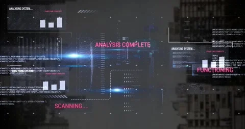 Animation of graphs, texts, loading bars and computer language, modern buildings Stock Footage 330288204