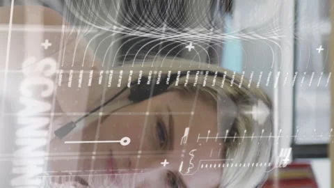 Animation of graphs, texts, programming language over caucasian female agent Stock Footage 312944798