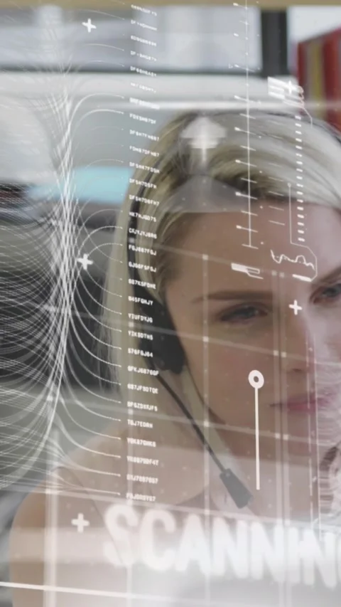 Animation of graphs, texts, programming language over caucasian female agent 動画素材 321440791