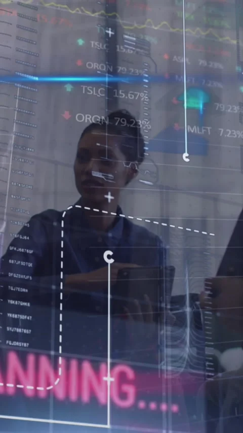 Animation of graphs, texts, trading board, computer language, diverse coworkers Stock Footage 321440798