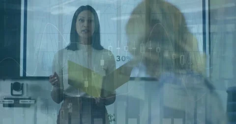 Animation of graphs, time-lapse of people walking, diverse female colleagues Stock Footage 327200705