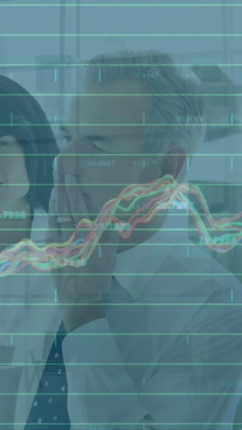 Animation of graphs, time-lapse of people, diverse manager explaining strategy Stock Footage 341956455