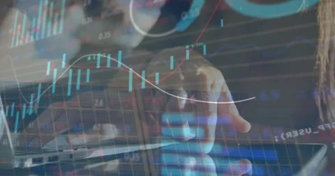 Animation of graphs, trading board and computer language, caucasian woman using Stock Footage 331015015