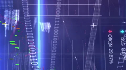 Animation of graphs, trading board, binary codes and computer language over Stock Footage 312898965