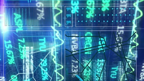 Animation of graphs, trading board, binary codes, programming language over Stock Footage 312978587