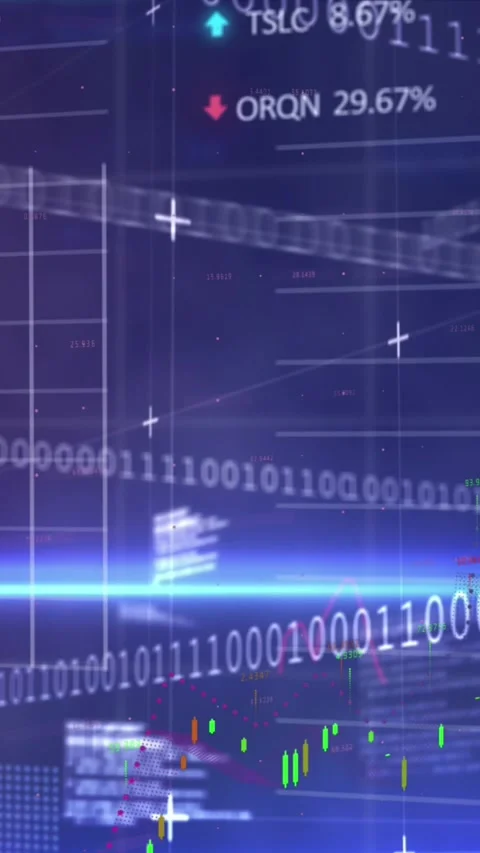 Animation of graphs, trading board, binary codes and computer language over Stock Footage 321625073