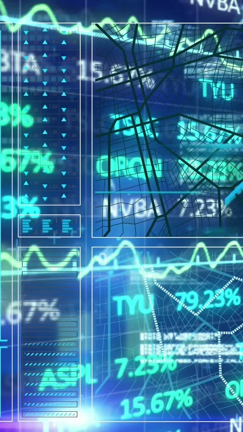 Animation of graphs, trading board, binary codes, programming language over Stock Footage 321991574