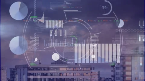 Animation of graphs, trading board, computer language over modern buildings Stock Footage 330407618