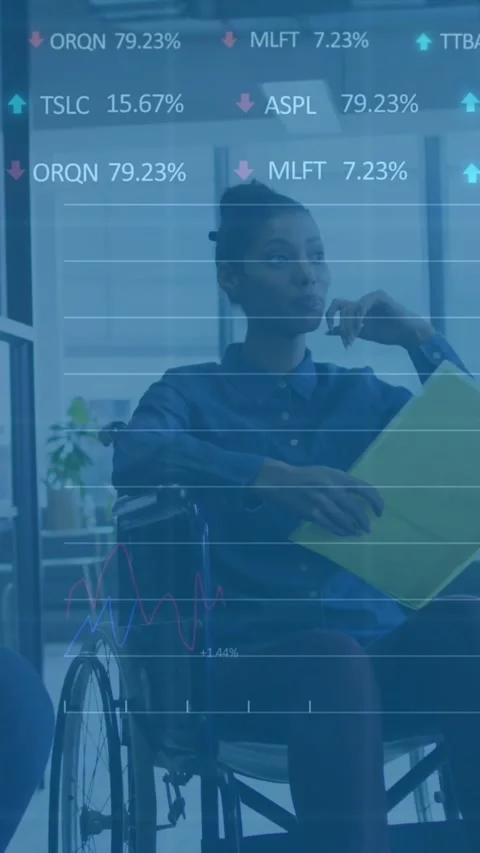 Animation of graphs, trading board, diverse disabled woman discussing reports Stock-Footage 344557675