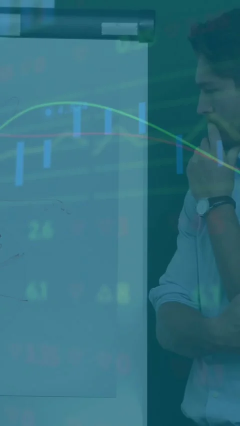 Animation of graphs, trading board, diverse manager explaining strategy on white Video stock 344693599