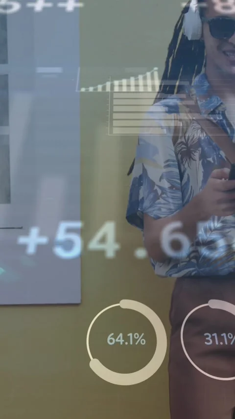 Animation of graphs, trading board, man with headphones listening to music on Stock Footage 320983424