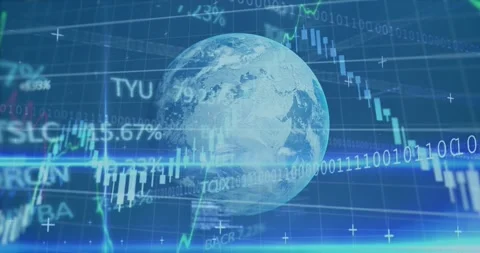 Animation of graphs, trading board over computer language, binary codes against Stock Footage 330407635