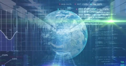 Animation of graphs, trading boards, binary codes, computer language and globe Stock Footage 247690984