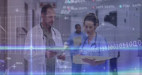 Animation of graphs, trading boards, computer language, diverse doctors Stock Footage 328928225