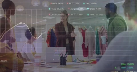 Animation of graphs, trading boards, diverse female designer explaining design Stock Footage 253430113