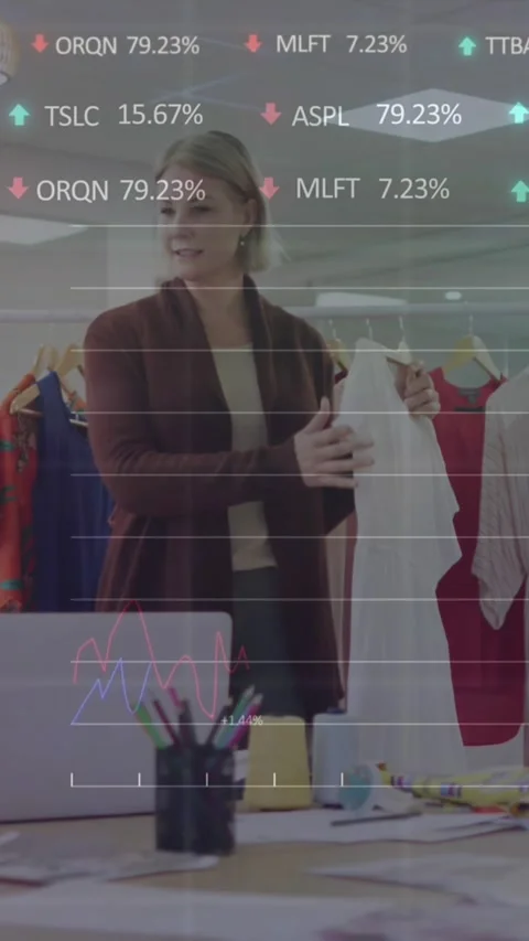 Animation of graphs, trading boards, diverse female designer explaining design Stock Footage 344746141