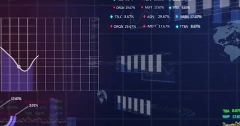 Animation of graphs, trading boards, globes and computer language over black Stock Footage 327524629