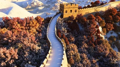 Animation of the Great Wall of China in Beijing after a snowfall in winter. Stock Footage 322849002