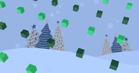 Animation of green 3d cube icons in seamless pattern over christmas tree icons Stock Footage 220594508