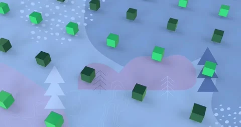 Animation of green 3d cube icons in seamless pattern over christmas tree icons Stock Footage 326424628