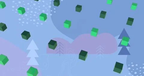 Animation of green 3d cube icons in seamless pattern over christmas tree icons Stock Footage 328015070
