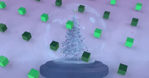 Animation of green 3d cube icons in seamless pattern over christmas tree icon in Stock Footage 329770405