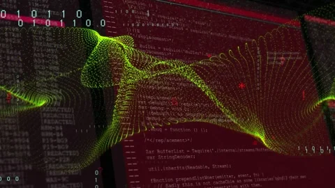 Animation of green abstract pattern, icons over desktop screens with computer Stock Footage 326303080