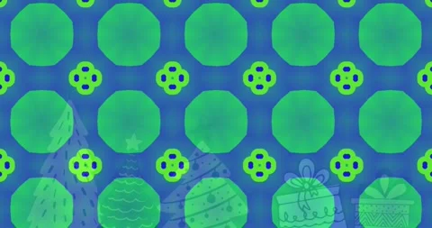 Animation of green abstract shapes in seamless pattern over christmas tree and Stock Footage 326097434