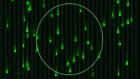 Animation of green binary code and glowing circle on digital matrix background Stock Footage 304202845