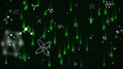 Animation of green binary code and molecular structures on dark background Stock Footage 304769013