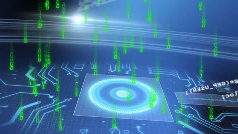 Animation of green binary code falling over digital interface with blue graphics 스톡 동영상 303553936