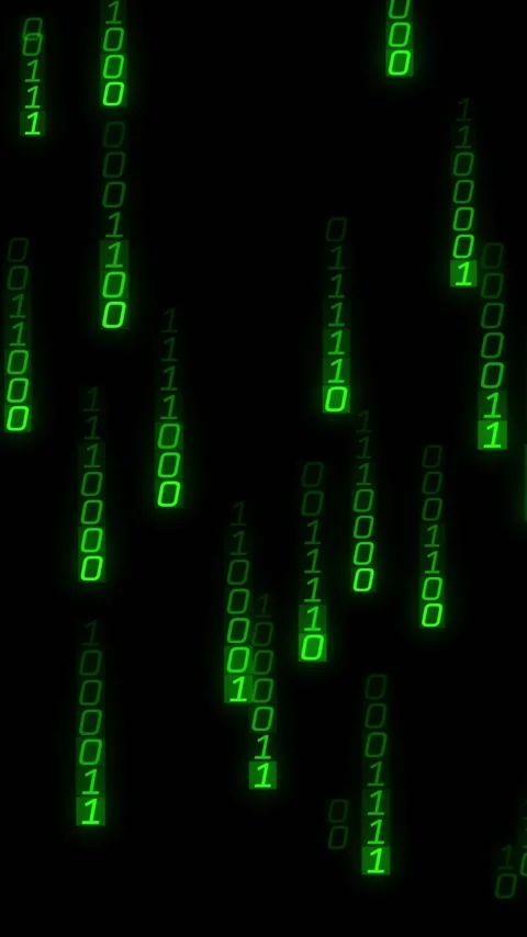 Animation of green binary code raining over dark background, resembling data Video stock 319811512