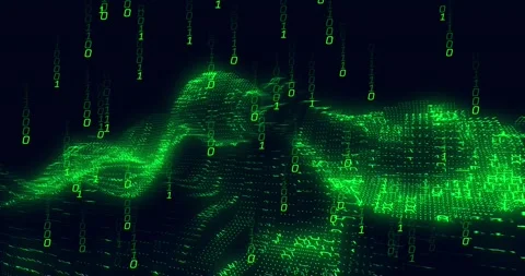 Animation of green binary coding data processing over waving on black background Stock Footage 194496044
