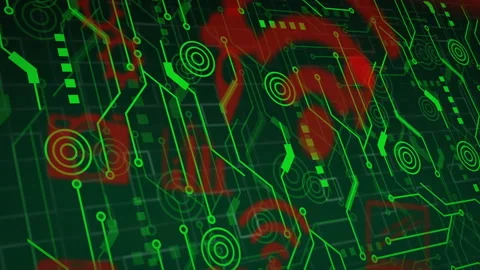 Animation of green circuit patterns with red digital elements for futuristic Stock Footage 306199713