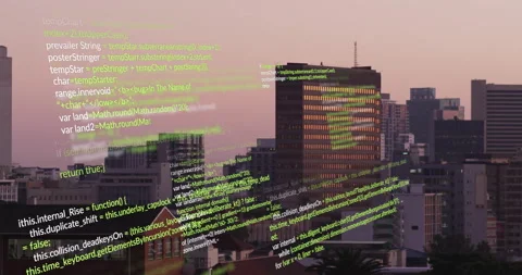 Animation of green code lines overlaying cityscape, showcasing digital Stock Footage 304855188