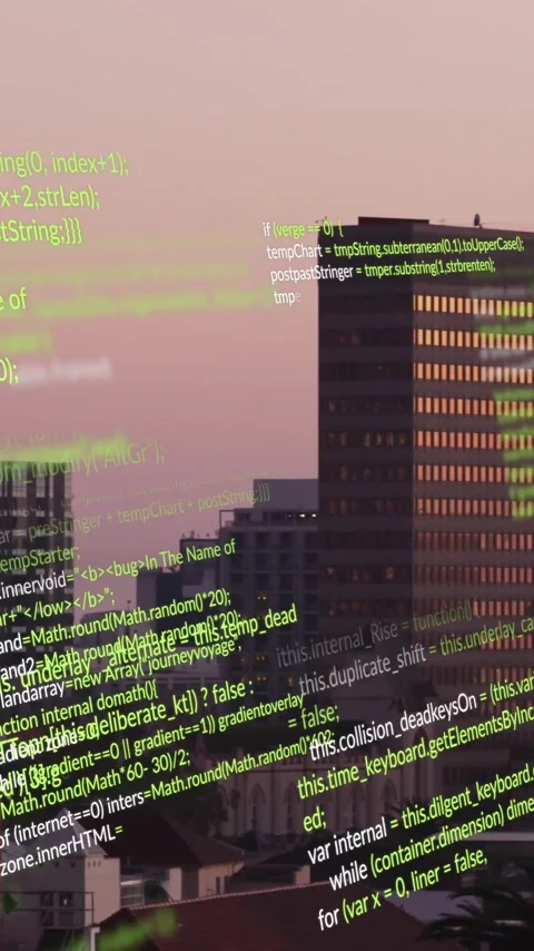 Animation of green code lines overlaying cityscape, showcasing digital Stock Footage 344370552