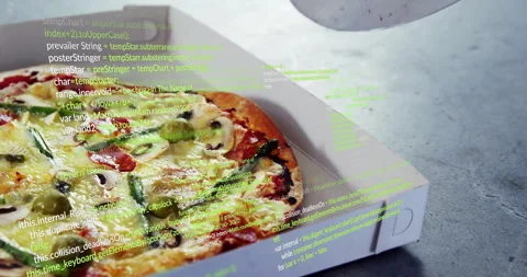 Animation of green code overlaying pizza in box, suggesting digital data Stock Footage 304202103