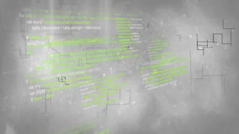 Animation of green code snippets floating over digital elements on gray Stock Footage 304643976