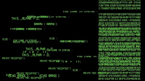 Animation of green computer code and hex moving across black screen Stock Footage 116595508