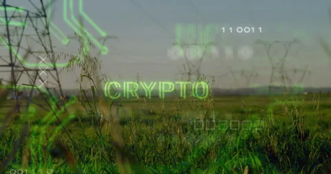 Animation of green CRYPTO text with digital elements in field with power lines Stock Footage 304842122