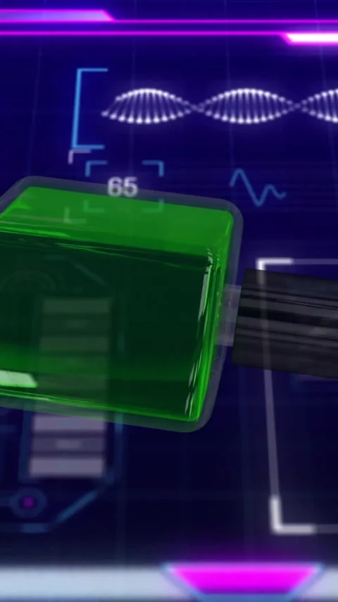 Animation of green cube and black cylinder on futuristic digital data interface Stock Footage 344403615