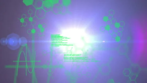 Animation of green digital code with hexagonal patterns on bright light burst Stock Footage 305030002