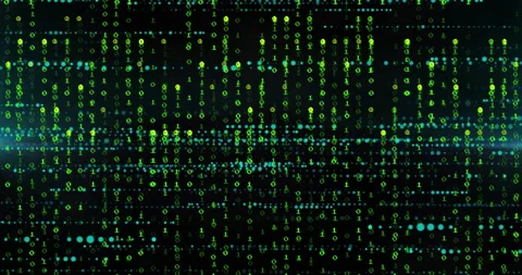Animation of green digital code raining down on black background resembling Stock Footage 303842301
