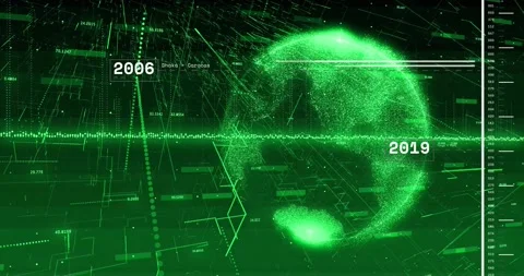 Animation of green digital globe with years 2004 and 2019, showing data Stock Footage 329511710