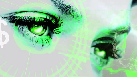 Animation of green digital patterns overlaying eyes, suggesting futuristic Stock Footage 304203516